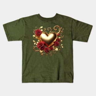 Valentines Day Gold Heart and Red Roses Kids T-Shirt